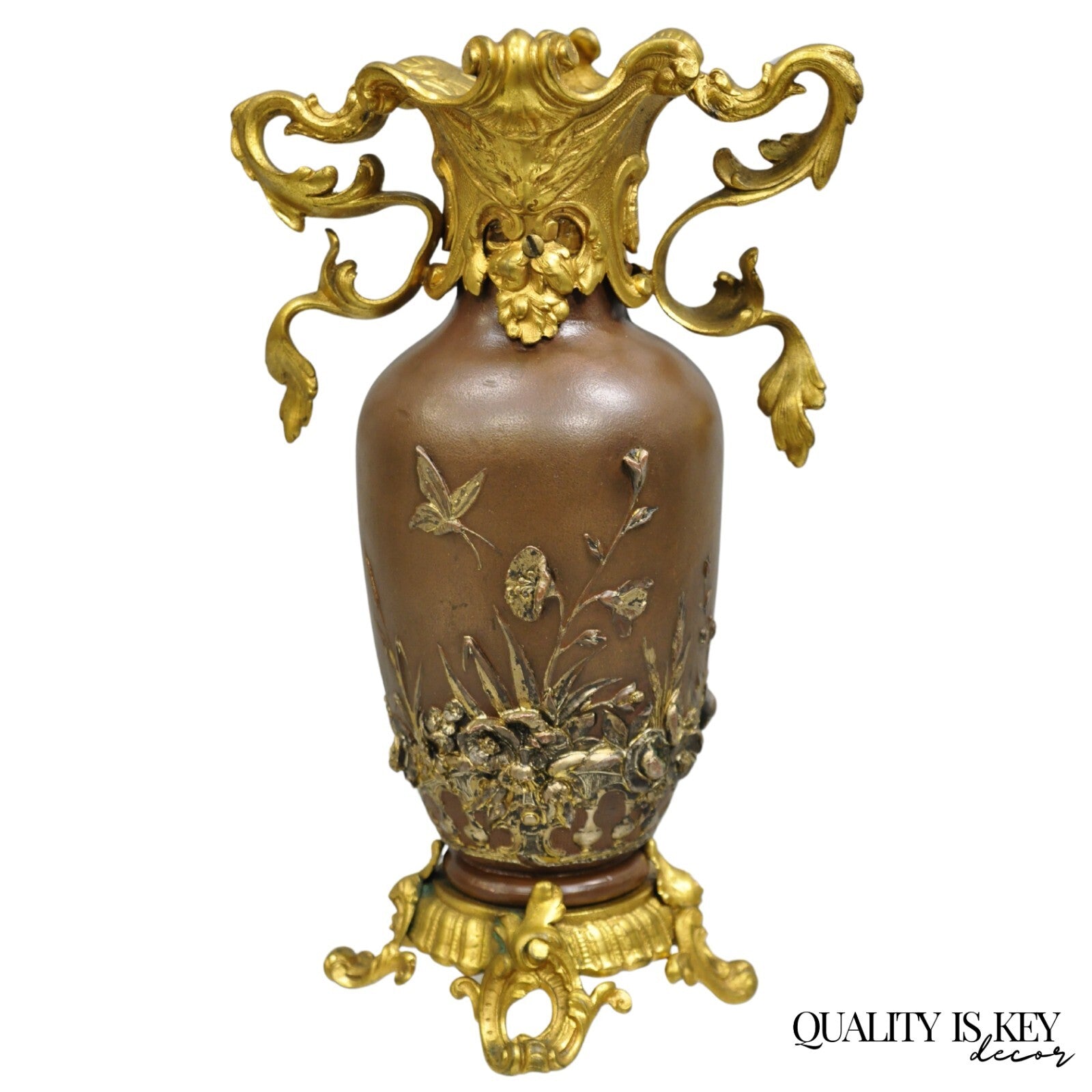 Antique French Art Nouveau Gold Gilt Patinated Bronze Small 9" Flower Vase