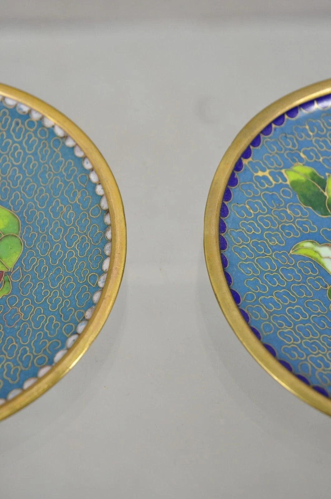 Vintage Brass Enamel Blue & Gold Floral Cloisonne Small Trinket Dish Set - Pair