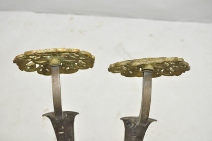 Antique French Art Nouveau Hand Hammered Wrought Iron & Bronze Andirons - a Pair