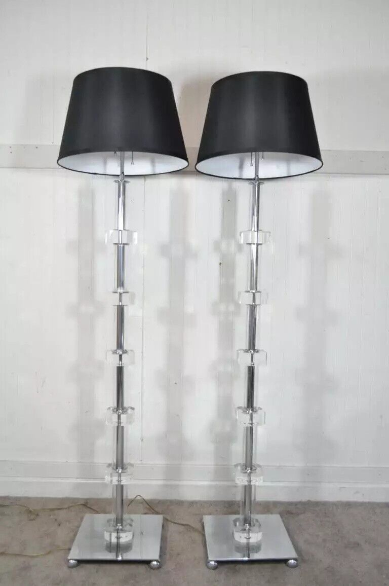 Mid Century Modern Stacked Lucite and Chrome Skyscraper Floor Lamps - a Pair