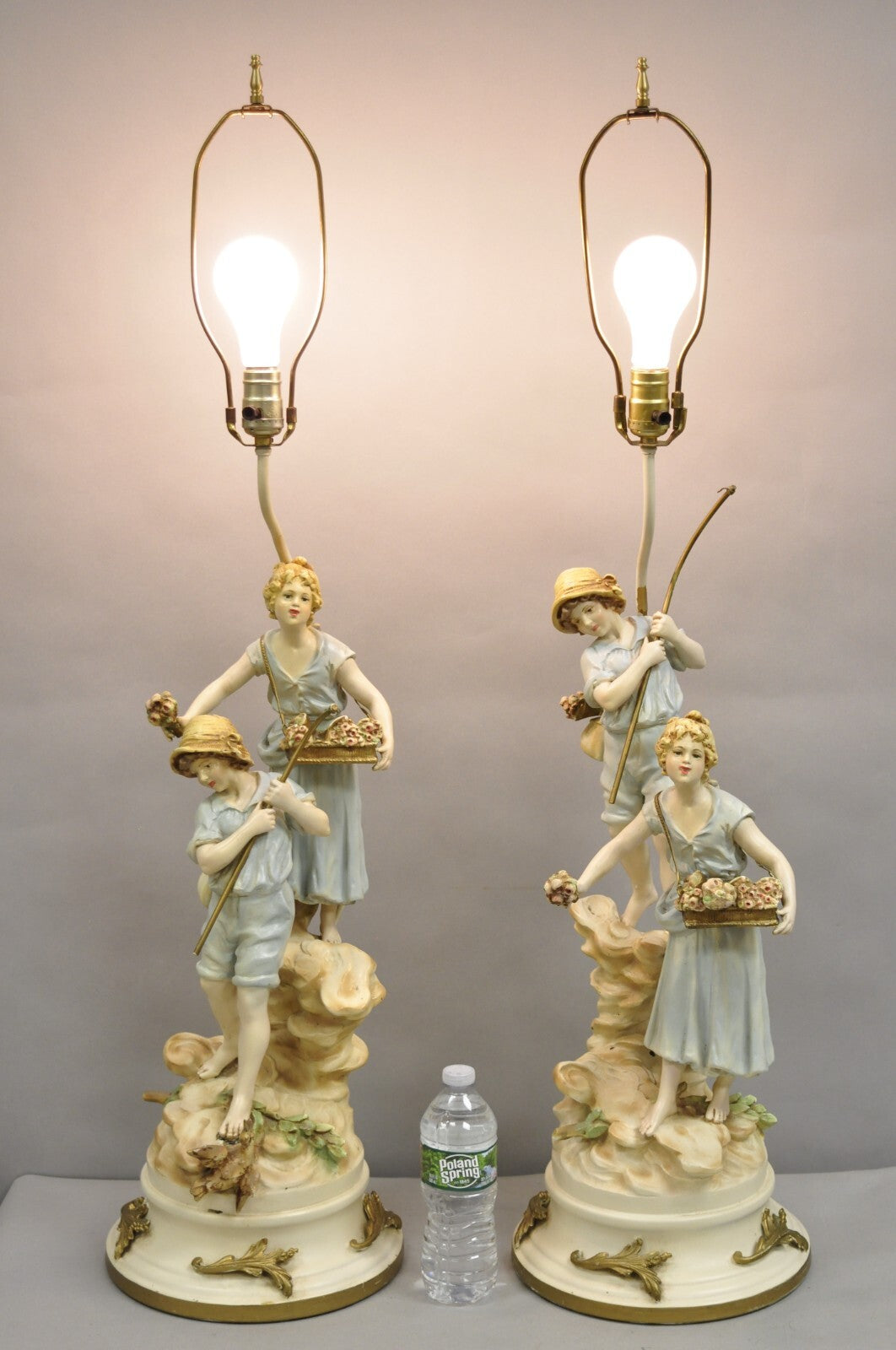 Antique L&F Moreau Victorian Painted Spelter Metal Figural Table Lamps - a Pair