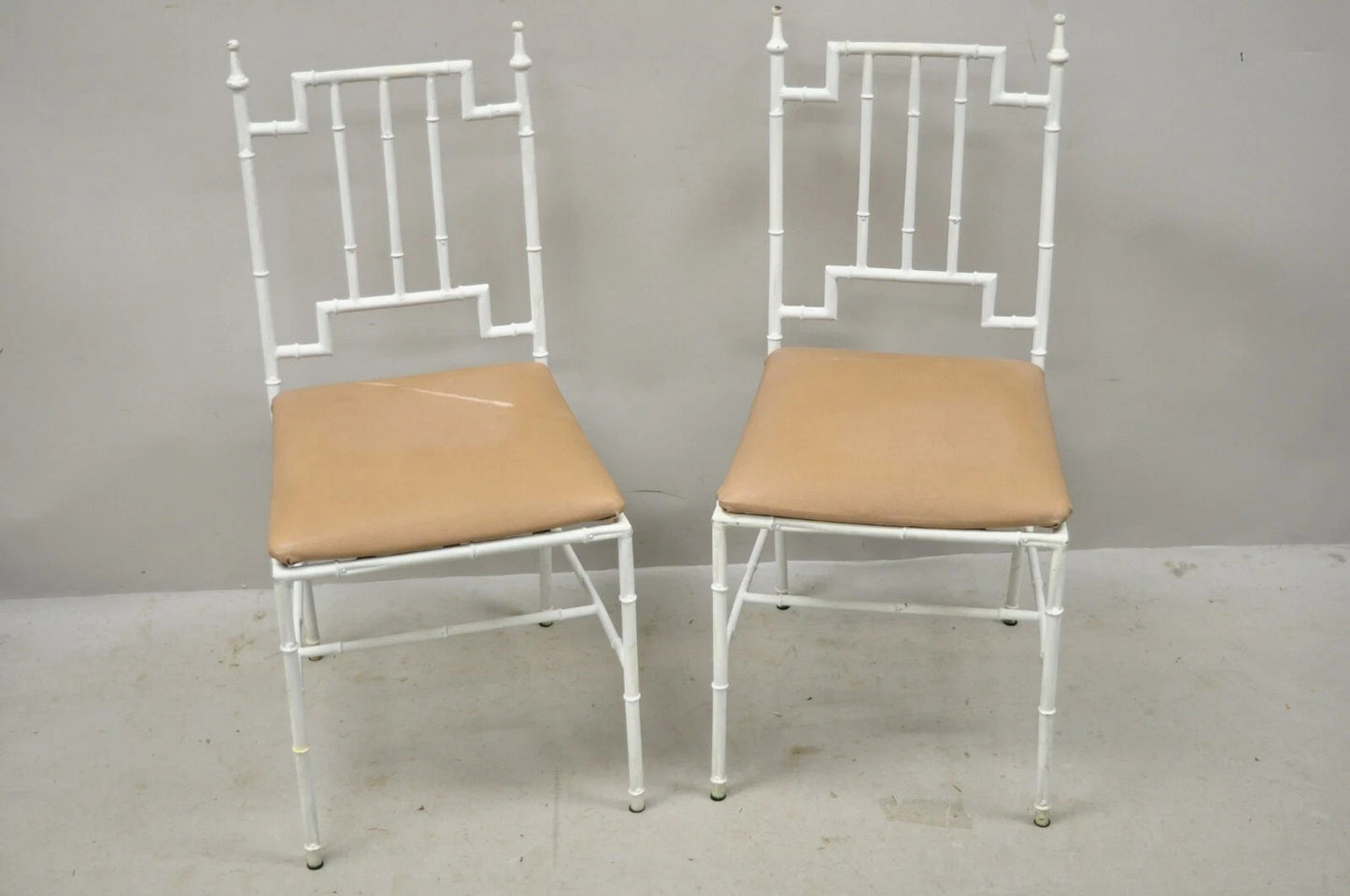 Vintage Italian Hollywood Regency White Faux Bamboo Metal Accent Side Chair Pair