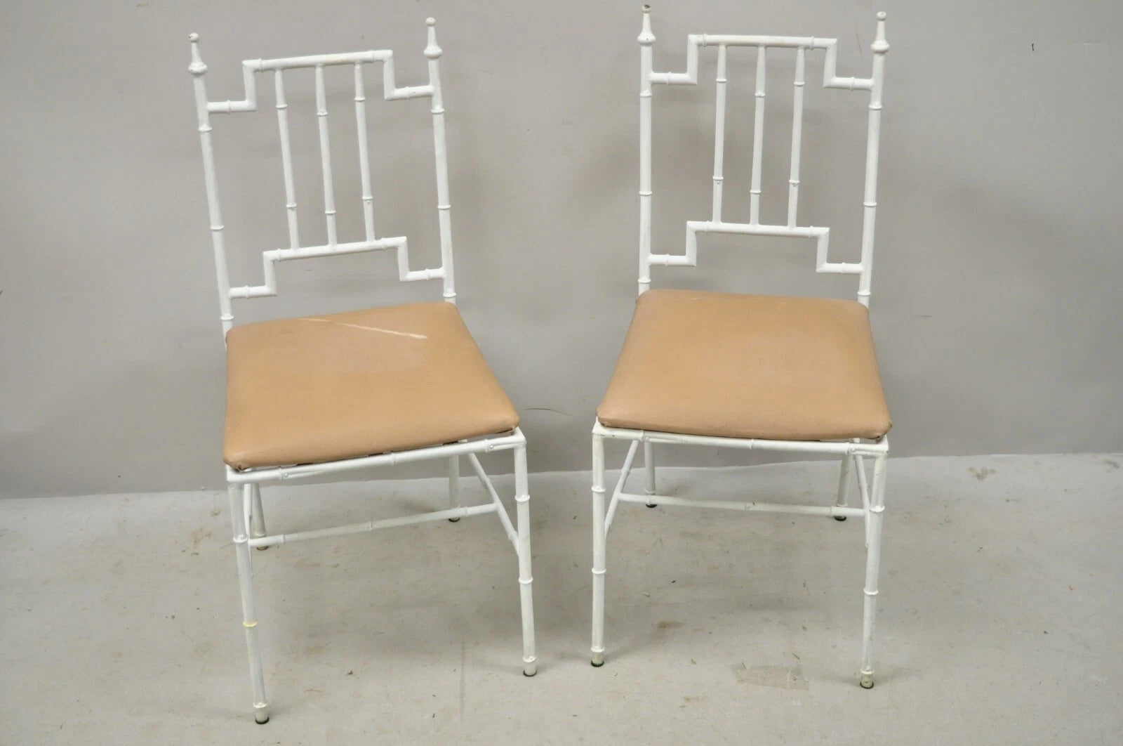 Vintage Italian Hollywood Regency White Faux Bamboo Metal Accent Side Chair Pair