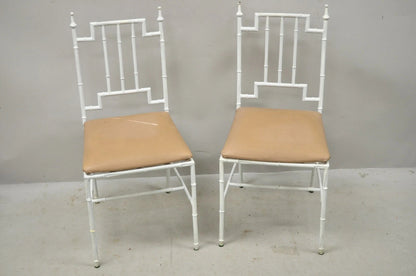 Vintage Italian Hollywood Regency White Faux Bamboo Metal Accent Side Chair Pair