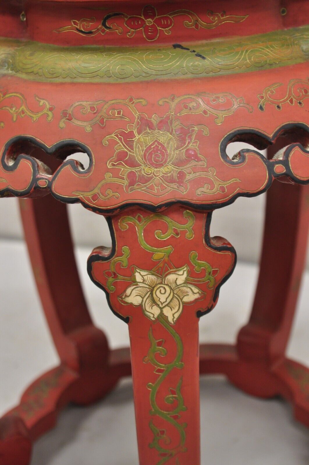 Vintage Chinoiserie Red Lacquer Chinese Drum Stool w Hand Painted Bird & Flowers