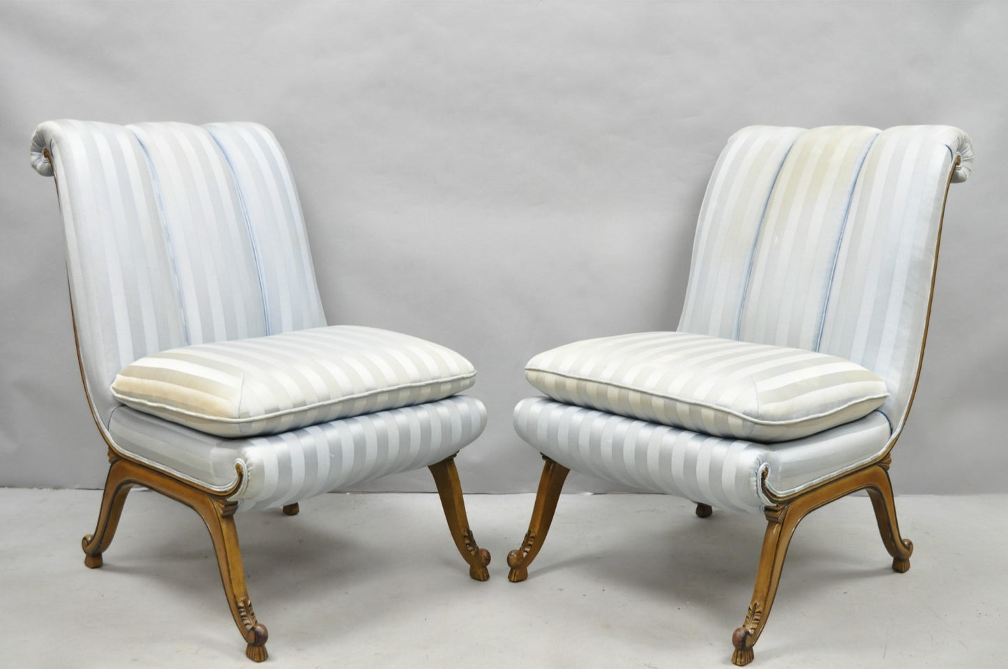 French Hollywood Regency Carved Walnut Rolled Back Slipper Lounge Chair - a Pair