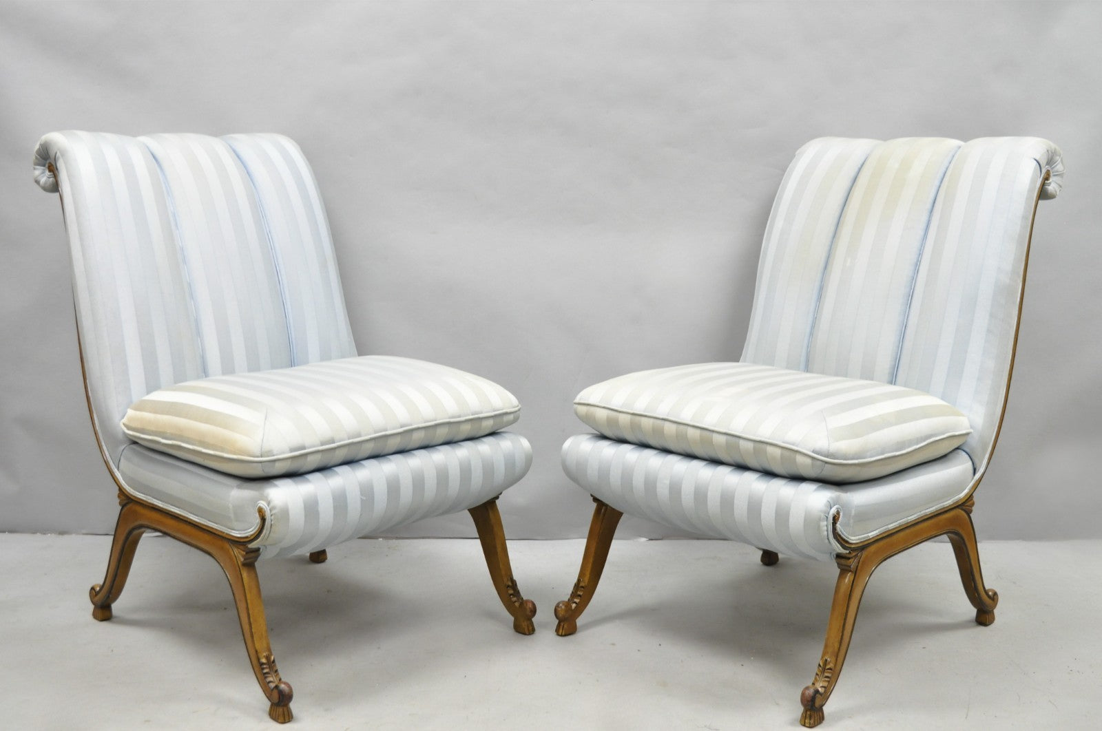 French Hollywood Regency Carved Walnut Rolled Back Slipper Lounge Chair - a Pair