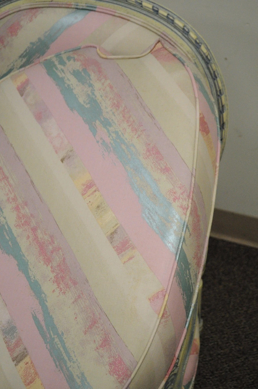 Vintage French Louis XVI Pink Blue Carved Bergere Boudoir Lounge Arm Chair