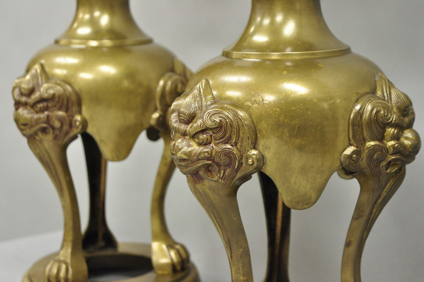 Vintage Chinoiserie James Mont Style Bronze Chinese Foo Dog Table Lamps (B) Pair
