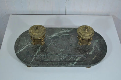 Antique French Empire Figural Bronze Sphinx Green Marble Desk Top Double Inkwell