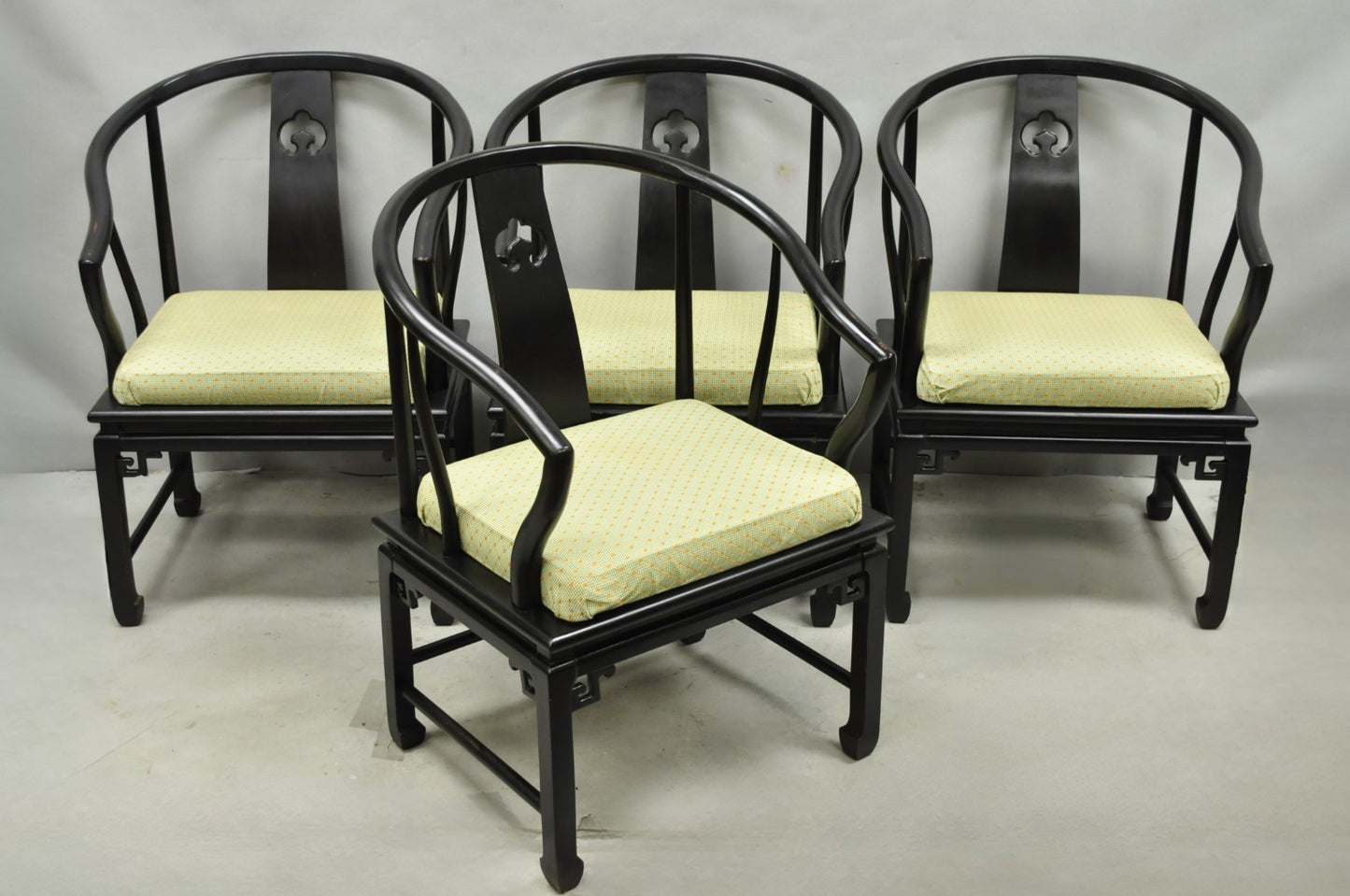 Vintage Oriental Ming Style Ebonized Horseshoe Lounge Chairs by Century (A) Pair