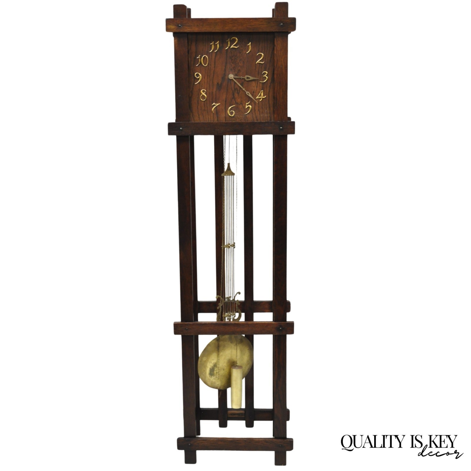 Antique Mission Arts and Crafts Oak Wood Tall Case Grandfather Clock