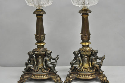 Antique French Empire Renaissance Gilt Metal  & Glass Cherub Table Lamps a Pair