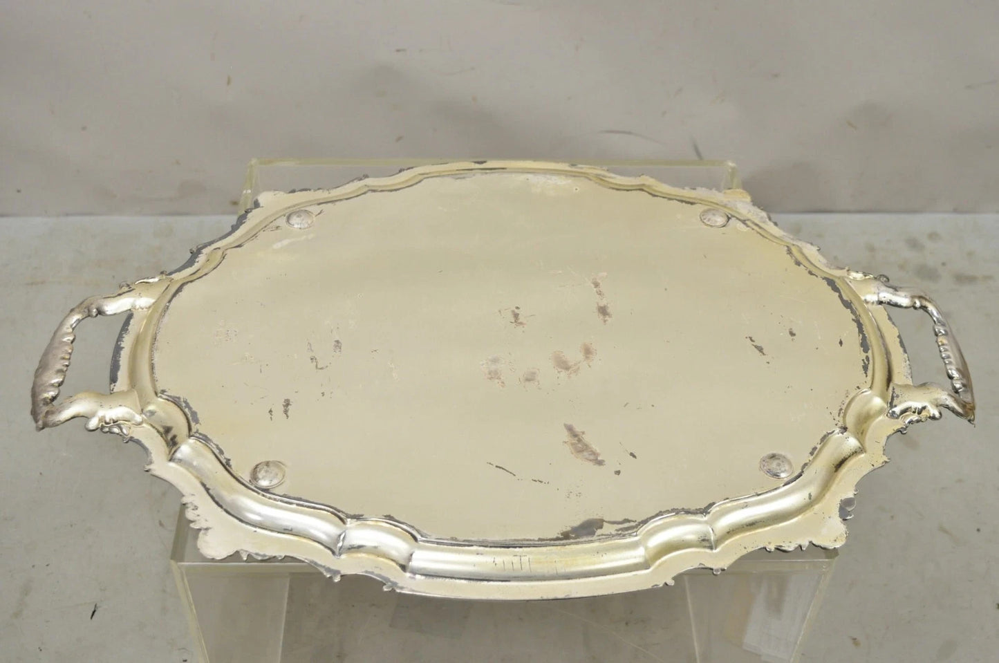 Antique English Victorian Silver Plated Ornate Oval Serving Platter Bar Tray