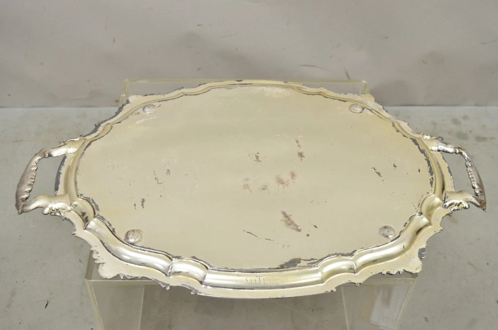 Antique English Victorian Silver Plated Ornate Oval Serving Platter Bar Tray