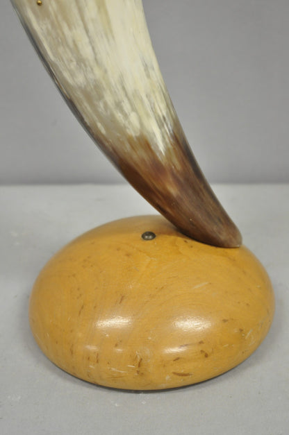 Vintage Italian Regency Large Cattle Cow Horn Vase on Sculpted Maple Wood Base