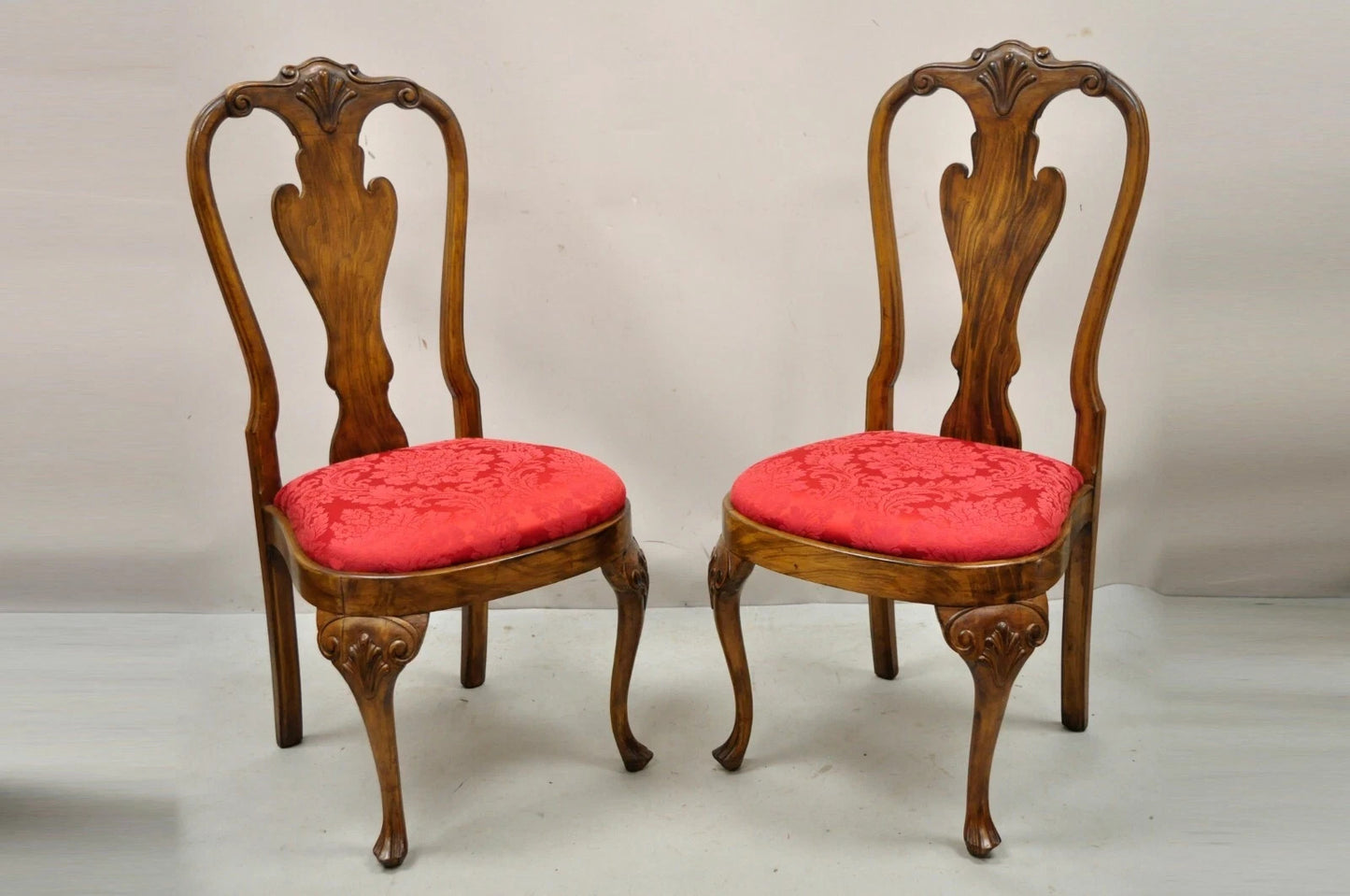 Vintage English Queen Anne Shell Carved Solid Wood Dining Side Chairs - Set of 8