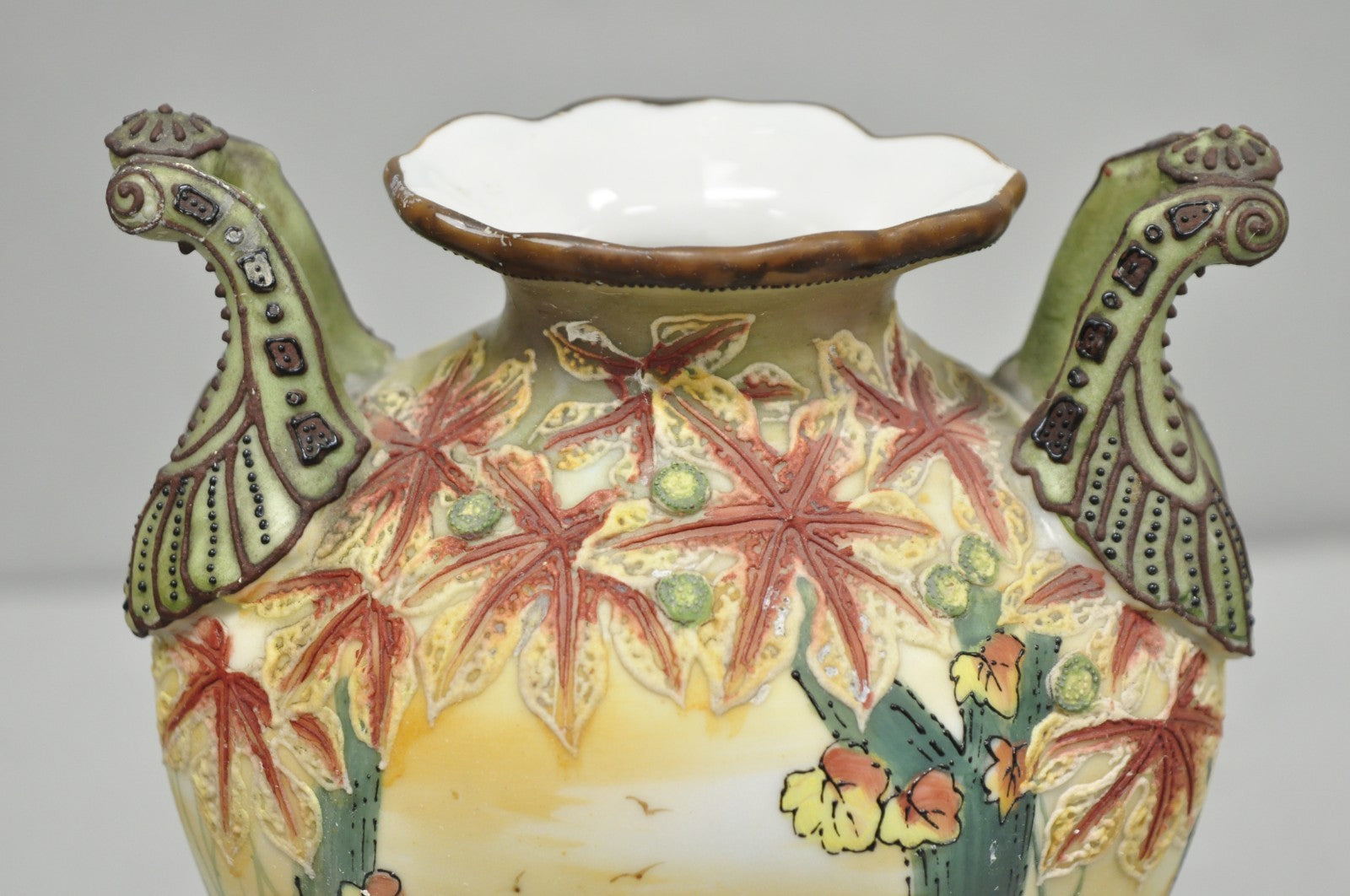 Antique Nippon Hand Painted Porcelain Moriage Twin Handle Countryside Scene Vase
