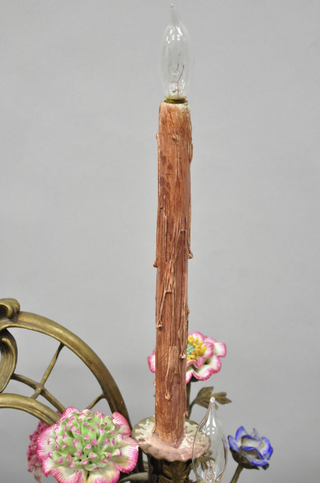 French Louis XV Repro Bronze & Porcelain Candelabra Lamps by United Wilson, Pair
