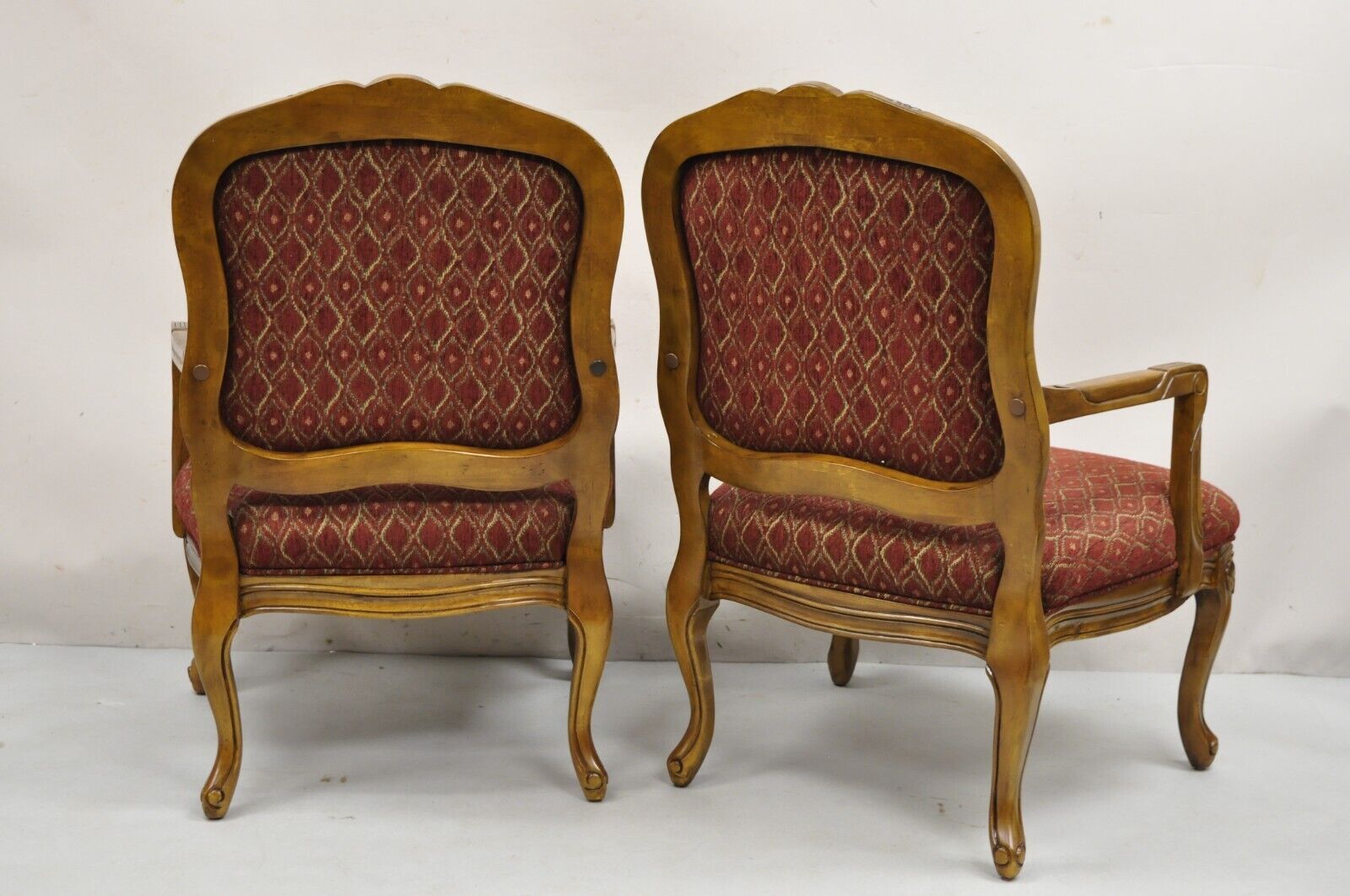 French Country Style Shell Carved Wood Burgundy Upholstered Lounge Chairs - Pair