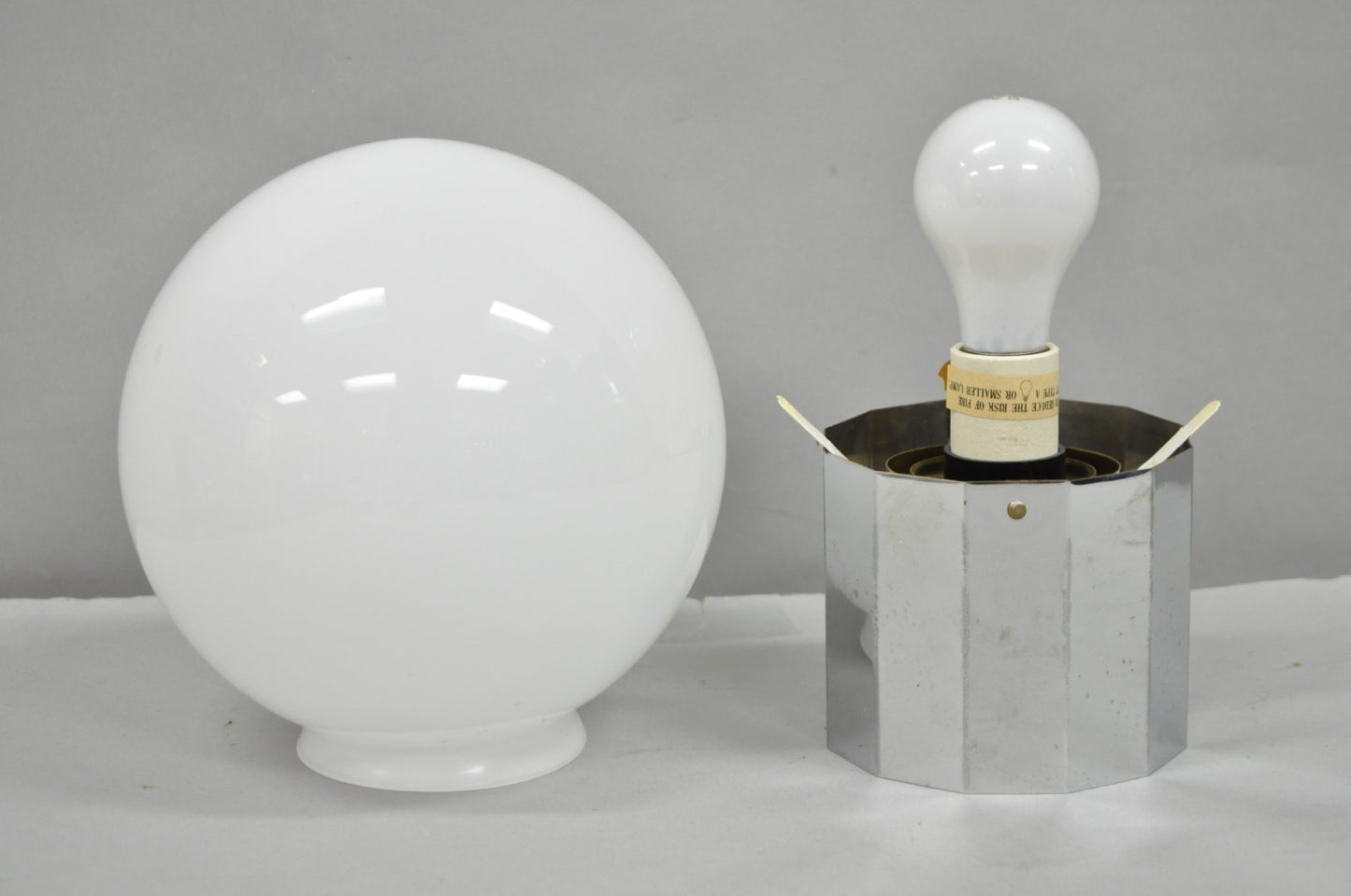 Vintage Mid Century Modern Faceted Chrome Base White Glass Ball Small Table Lamp