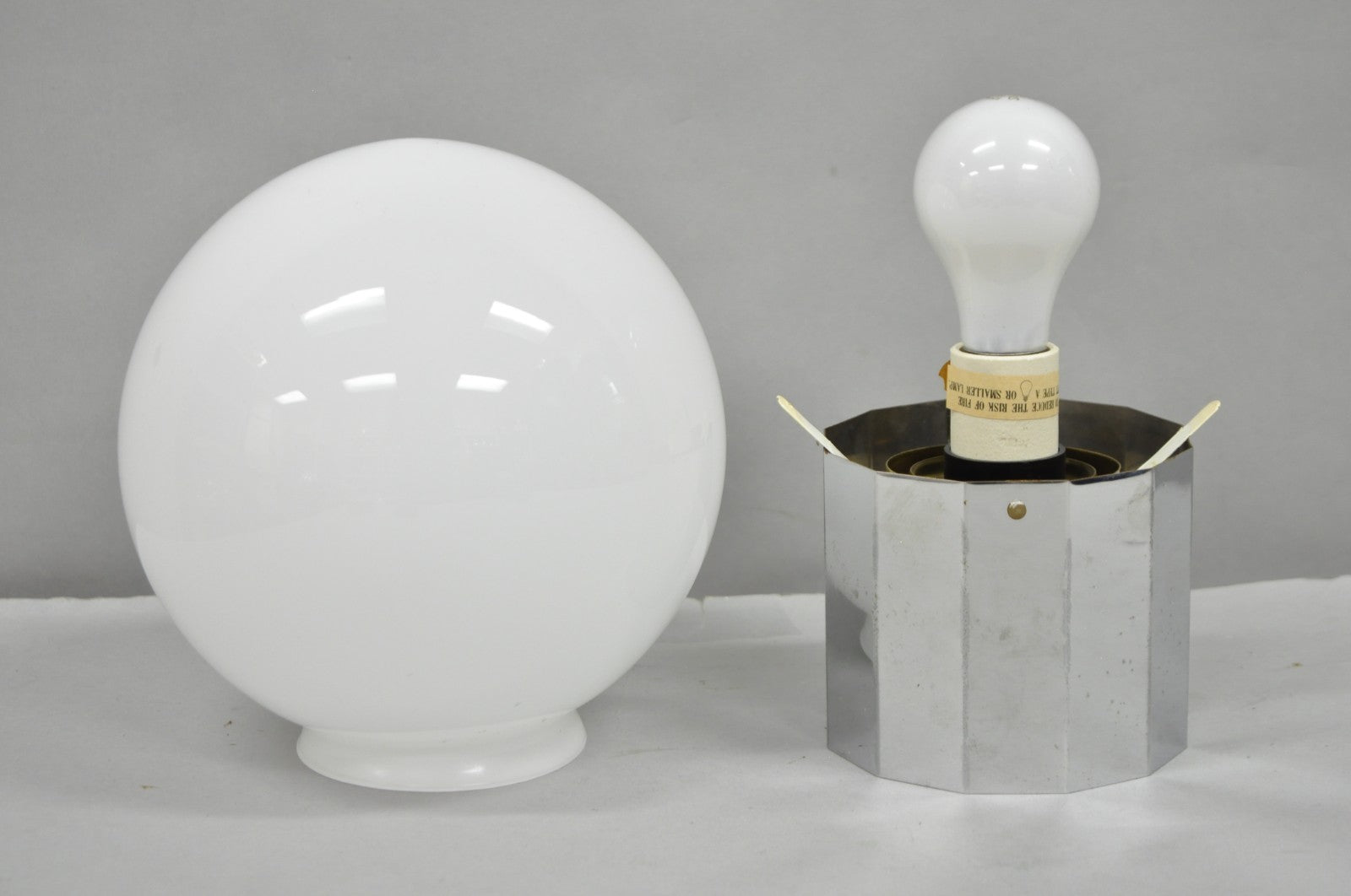 Vintage Mid Century Modern Faceted Chrome Base White Glass Ball Small Table Lamp