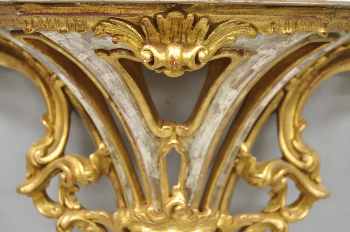 Vintage Italian Rococo Silver & Gold Giltwood Carved Large Wall Shelf Bracket
