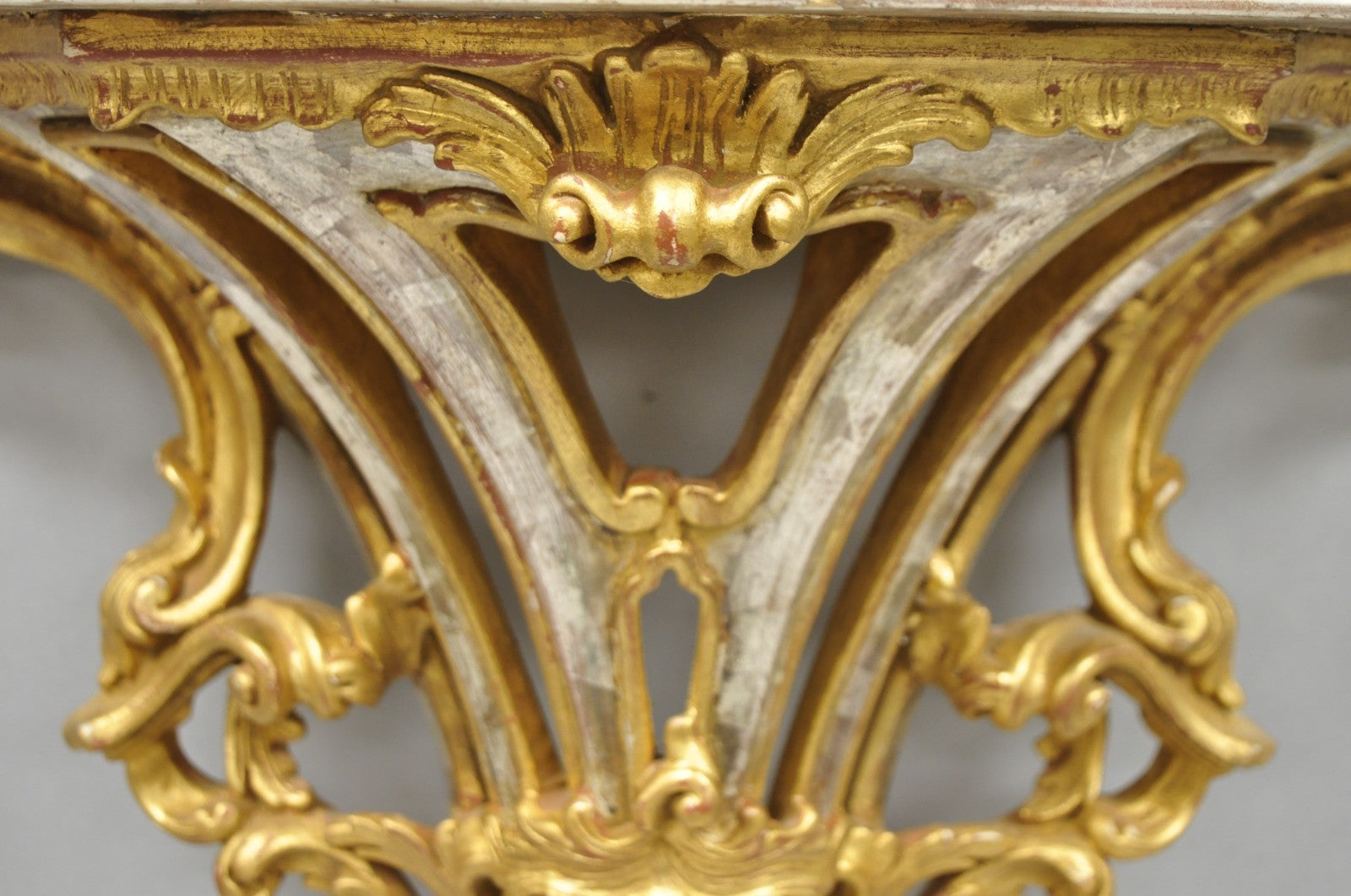 Vintage Italian Rococo Silver & Gold Giltwood Carved Large Wall Shelf Bracket