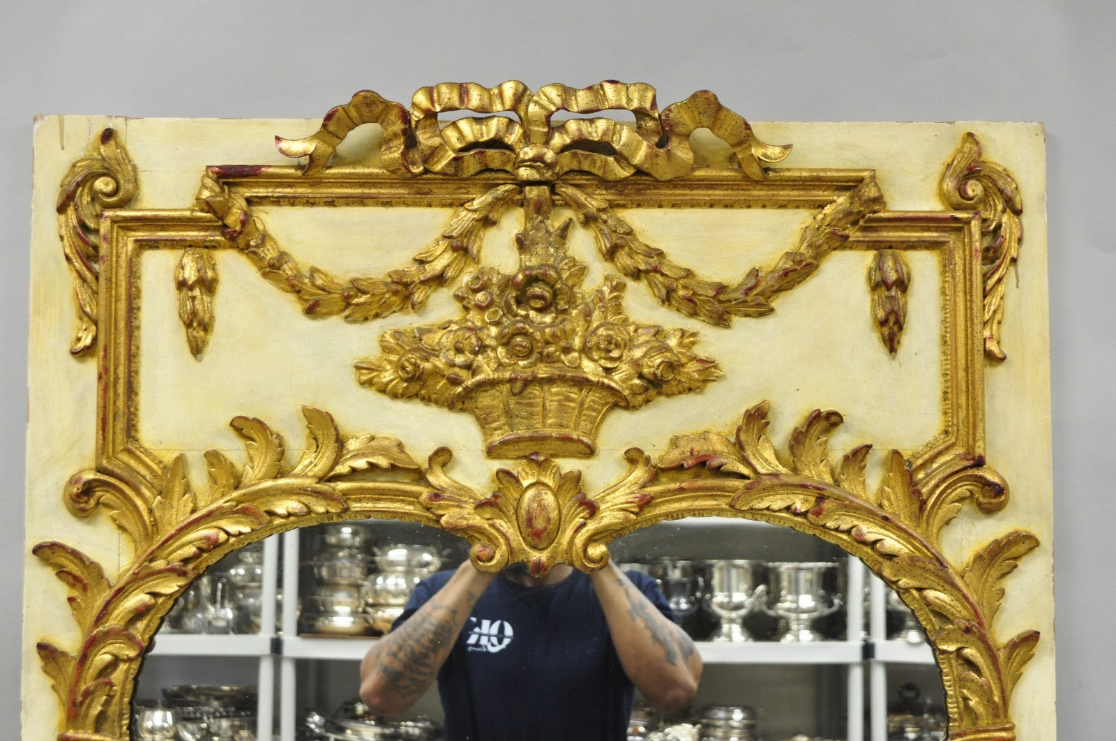 Antique French Louis XV Style Cream & Gold Gilt Drape Ribbon Trumeau Wall Mirror