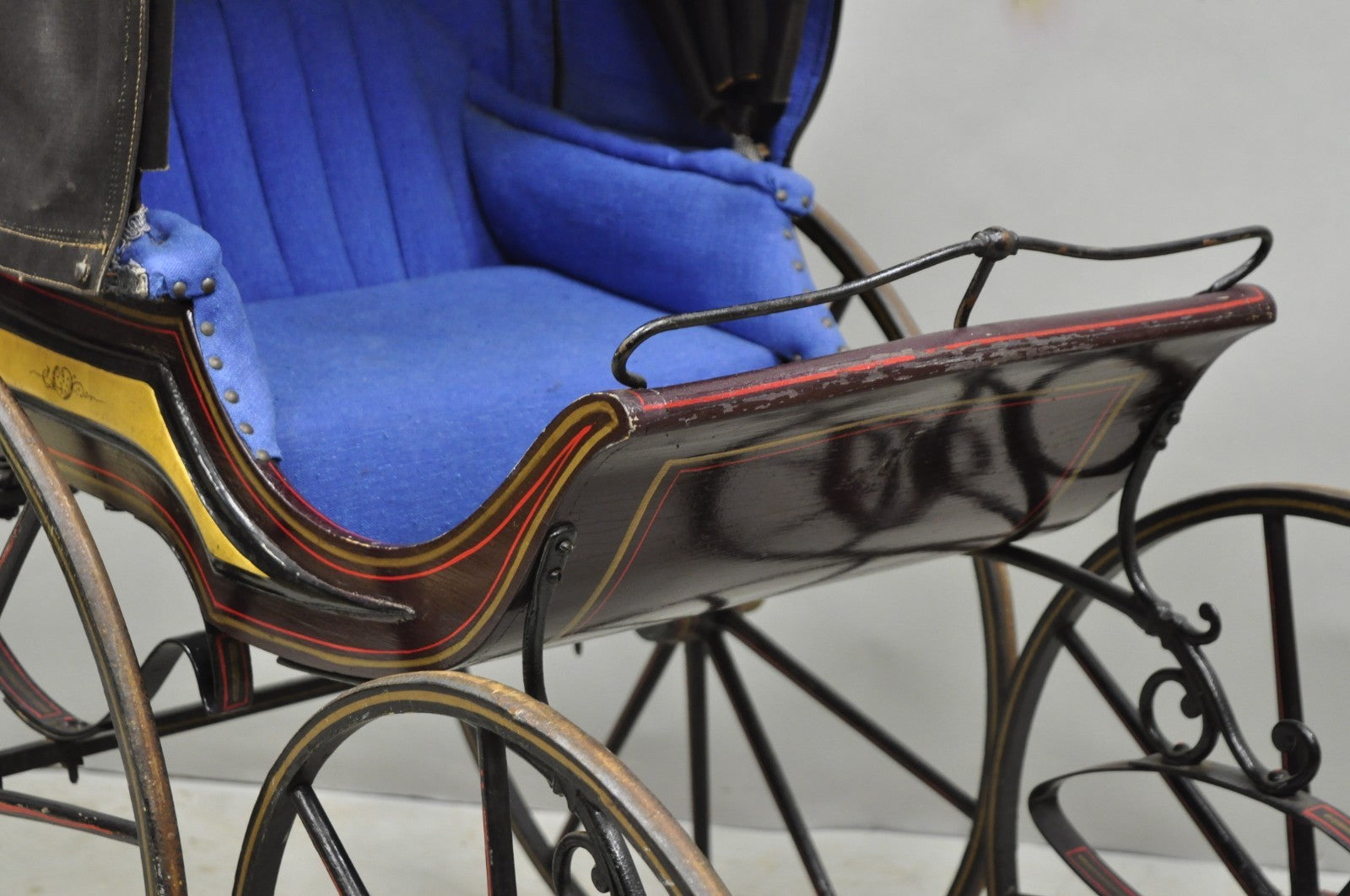 Antique Victorian Hand Painted Baby Carriage Buggy Stroller with Wooden Wheels