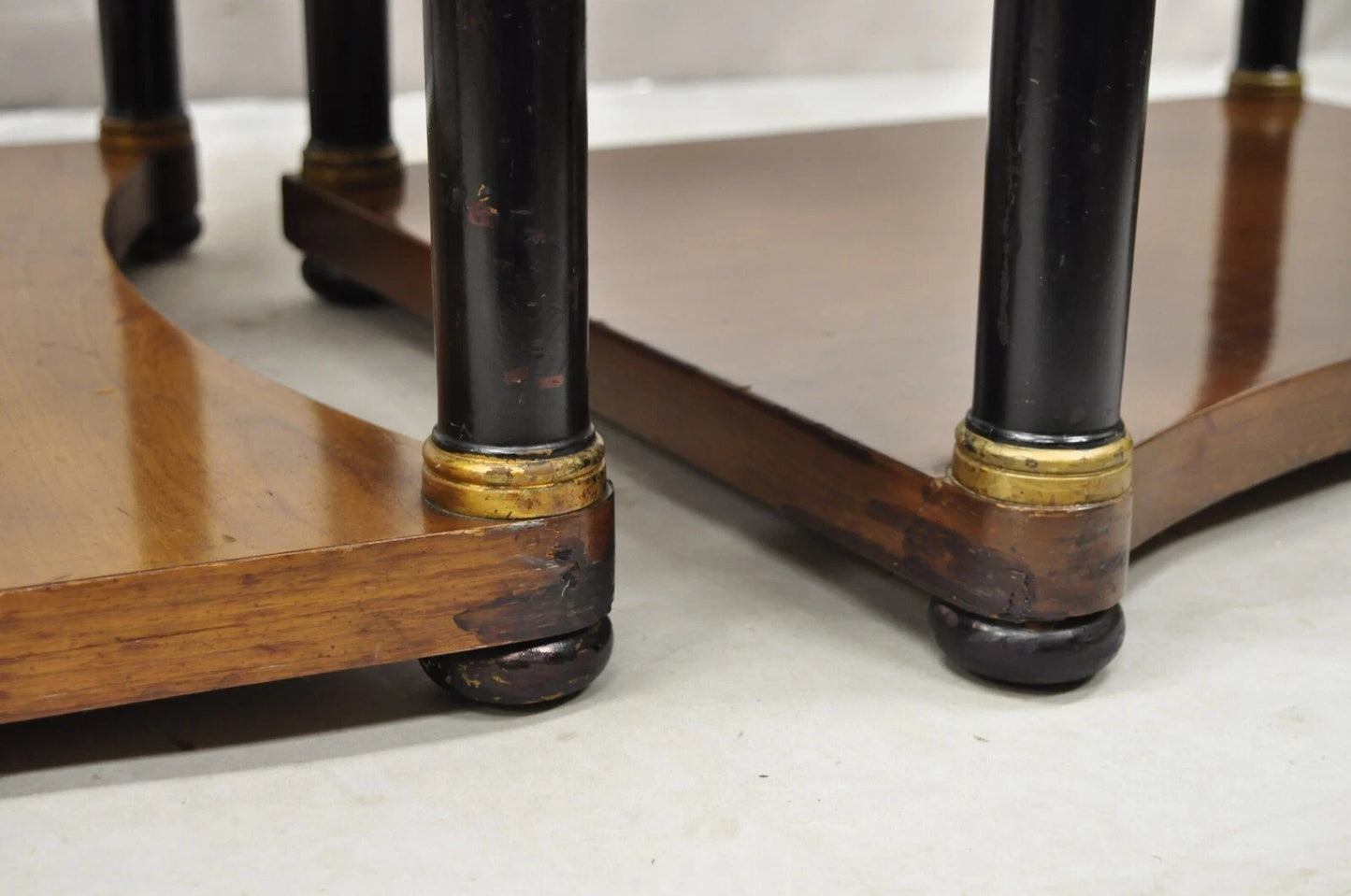 French Empire Cherry Wood Black Column 1 Drawer Lamp End Table by Heritage, Pair