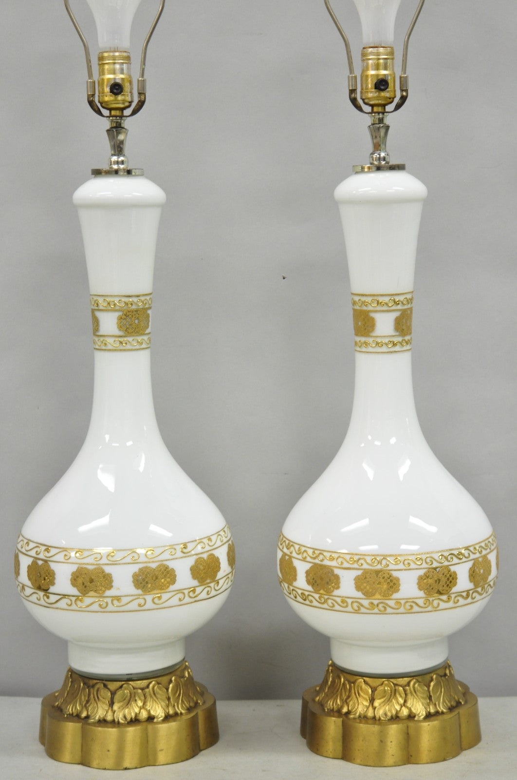 Vintage Hollywood Regency White Glass Gold Gilt Jardiniere Table Lamps - a Pair