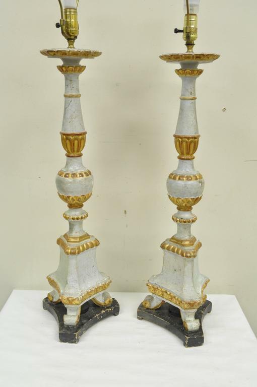 Antique Italian Neoclassical Hand-Carved Giltwood Candlestick Table Lamps - Pair