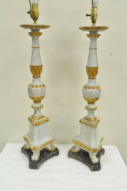 Antique Italian Neoclassical Hand-Carved Giltwood Candlestick Table Lamps - Pair