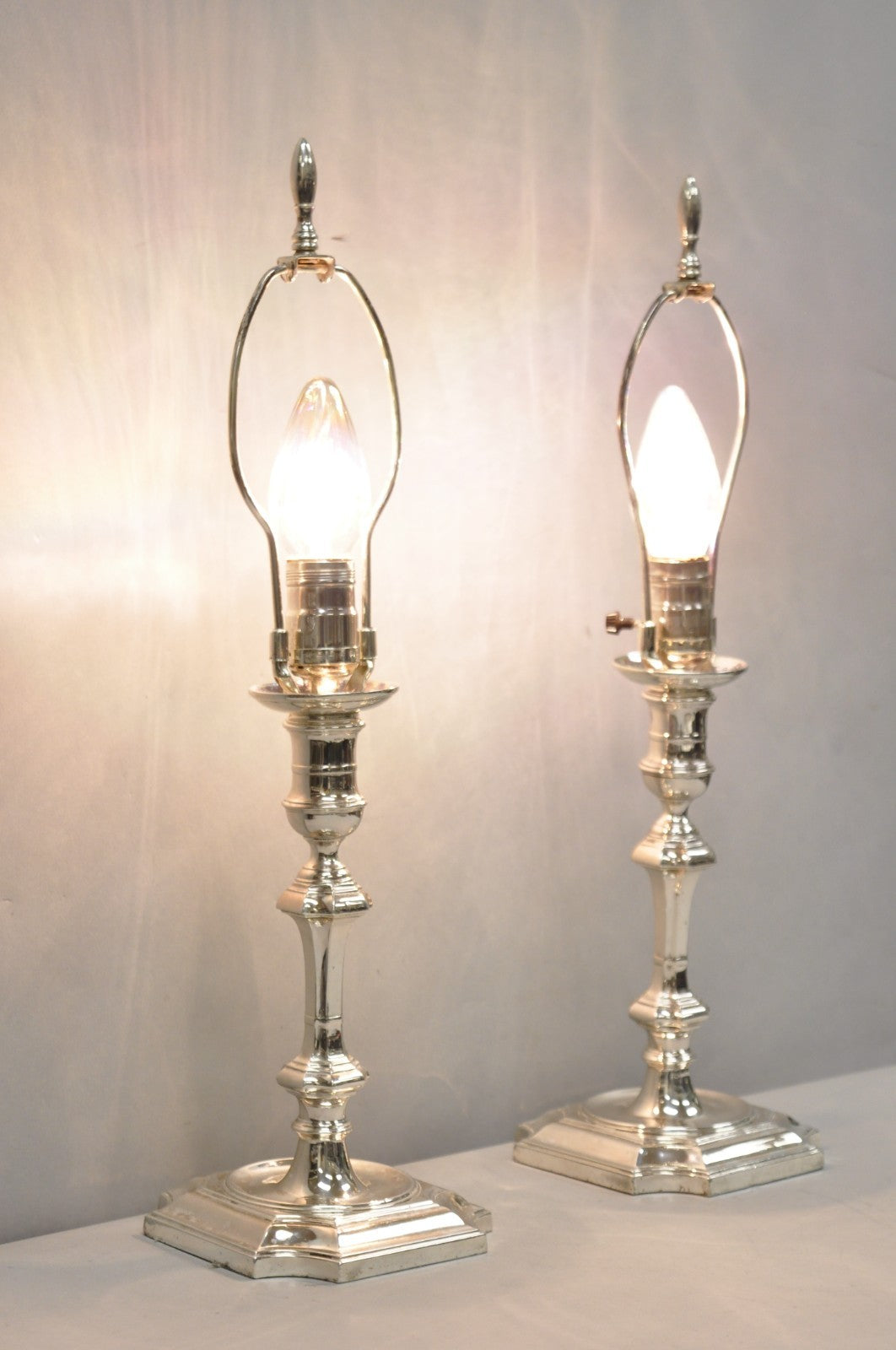 Antique English Regency Silver Plated Footed Candlestick Table Lamps - a Pair