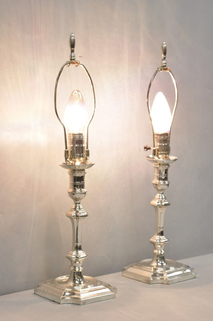 Antique English Regency Silver Plated Footed Candlestick Table Lamps - a Pair