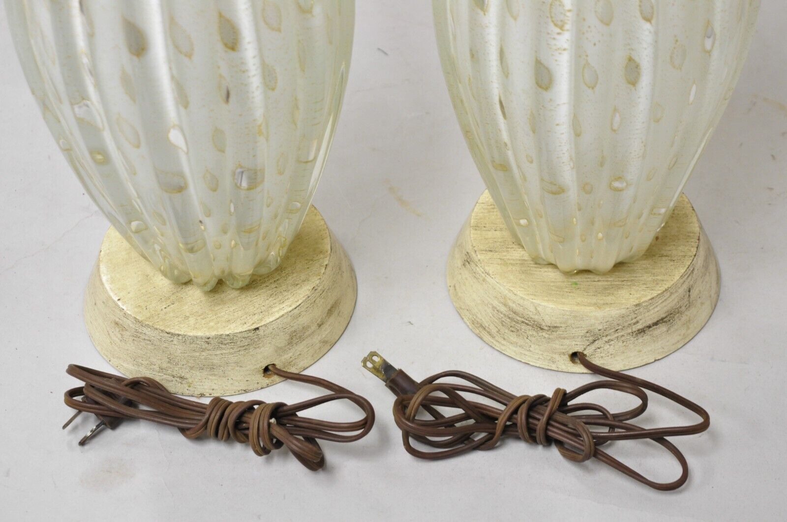 Vintage Murano Italy Camer Glass Gold Flecks White Sinuous Table Lamps - a Pair