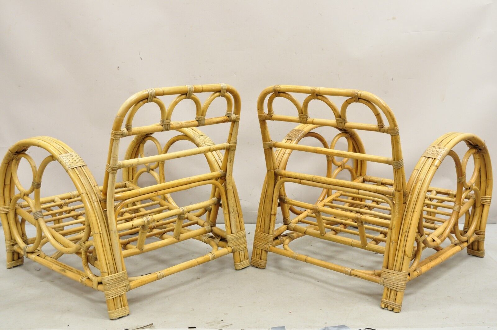 Vintage Hollywood Regency Bent Bamboo Wicker Rattan Pretzel Lounge Chairs - Pair