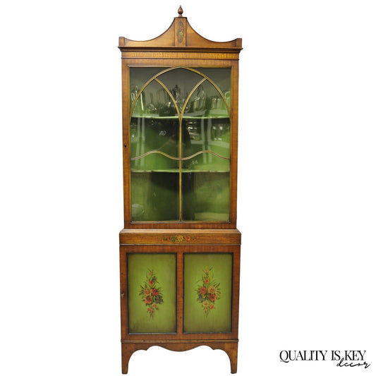 Antique English Adams Style Green Hand Painted Narrow Corner China Cabinet