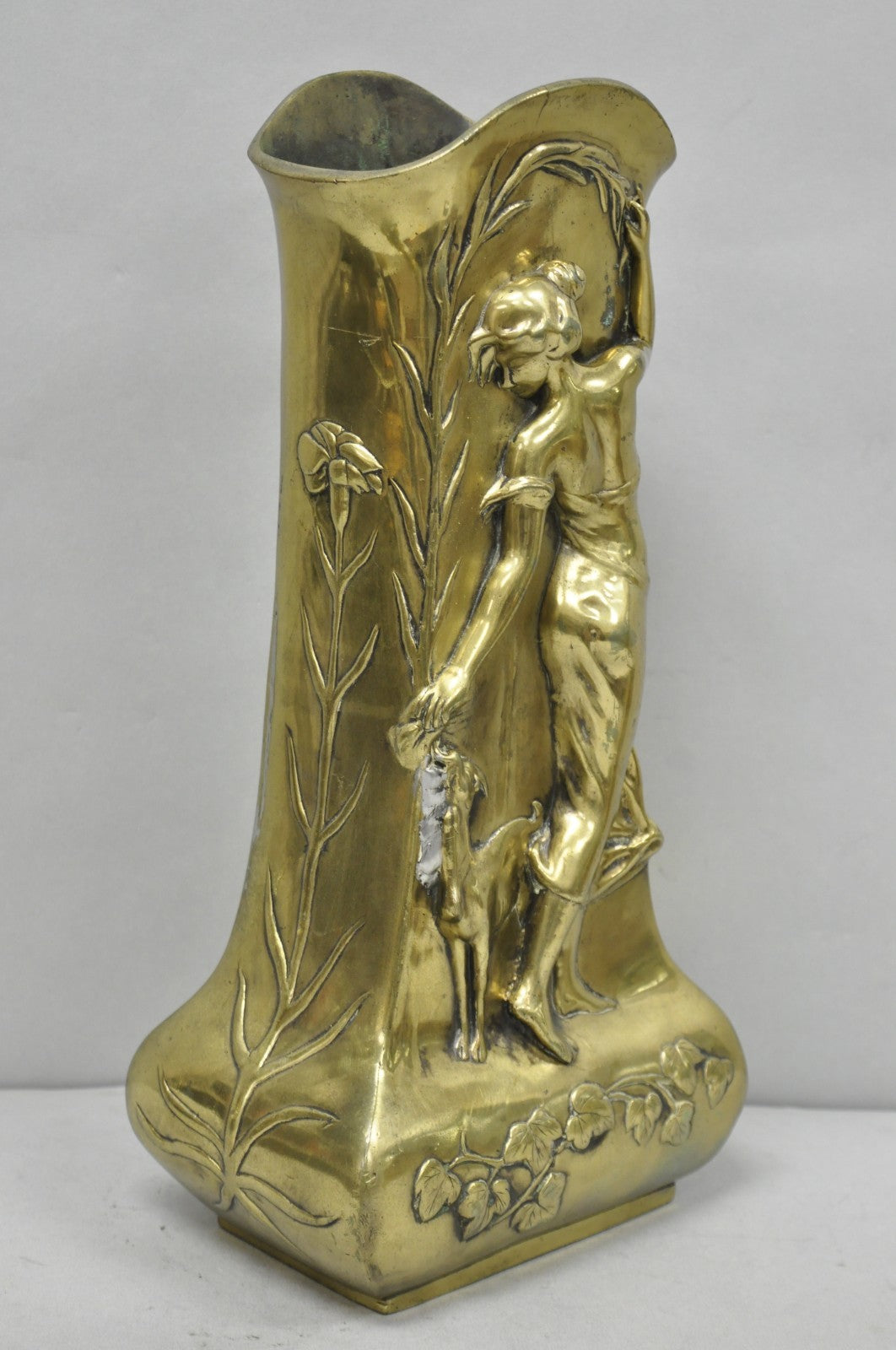Antique Art Nouveau Chinese Gilt Bronze Nude Female Sculpture Statue 16" Vase