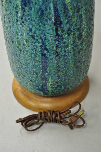 Vintage Mid Century Modern Turquoise Blue Ceramic Drip Glazed Pottery Table Lamp