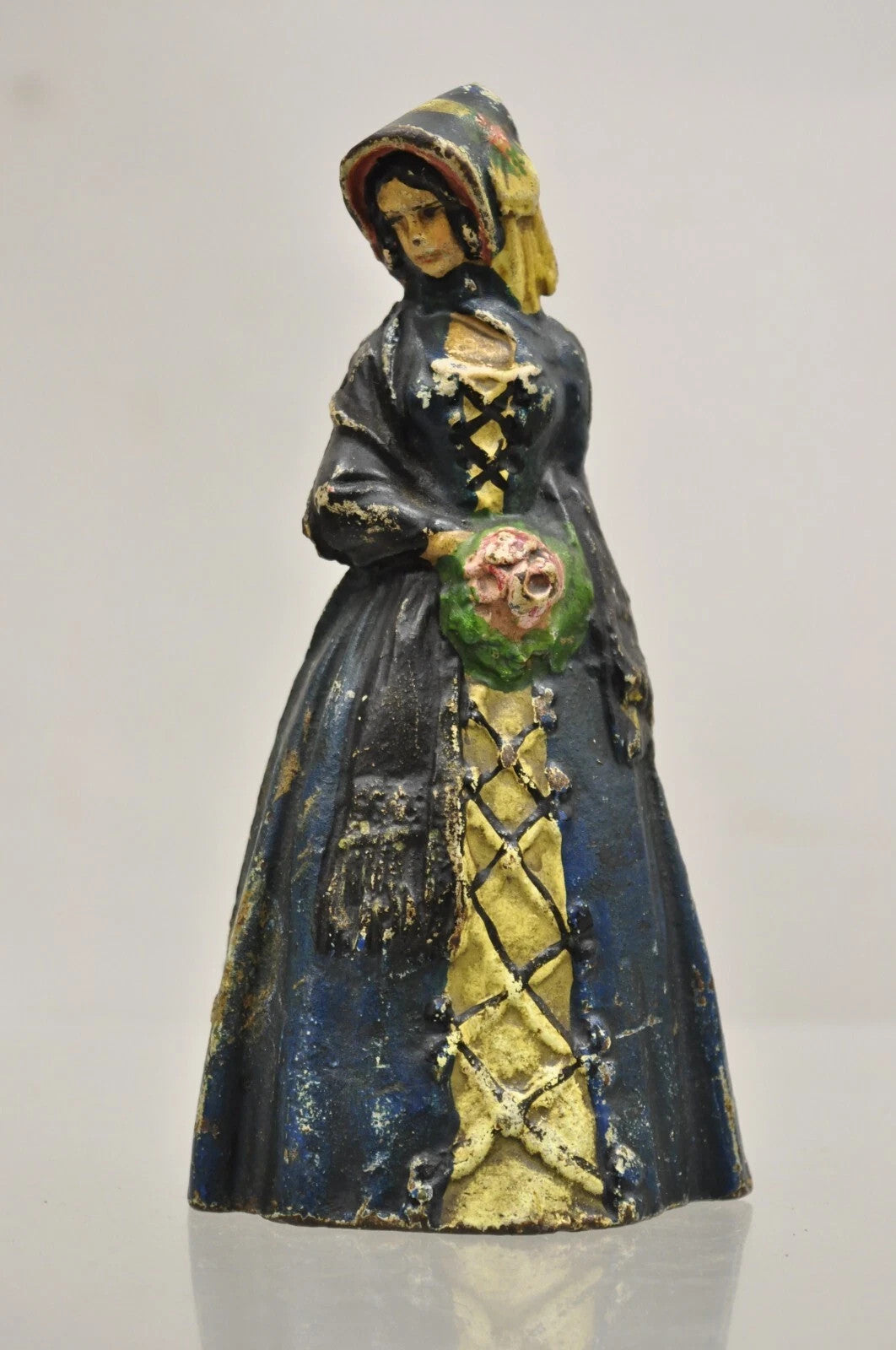 Antique Victorian Cast Iron Figural Colonial Woman Blue Dress Painted Door Stop