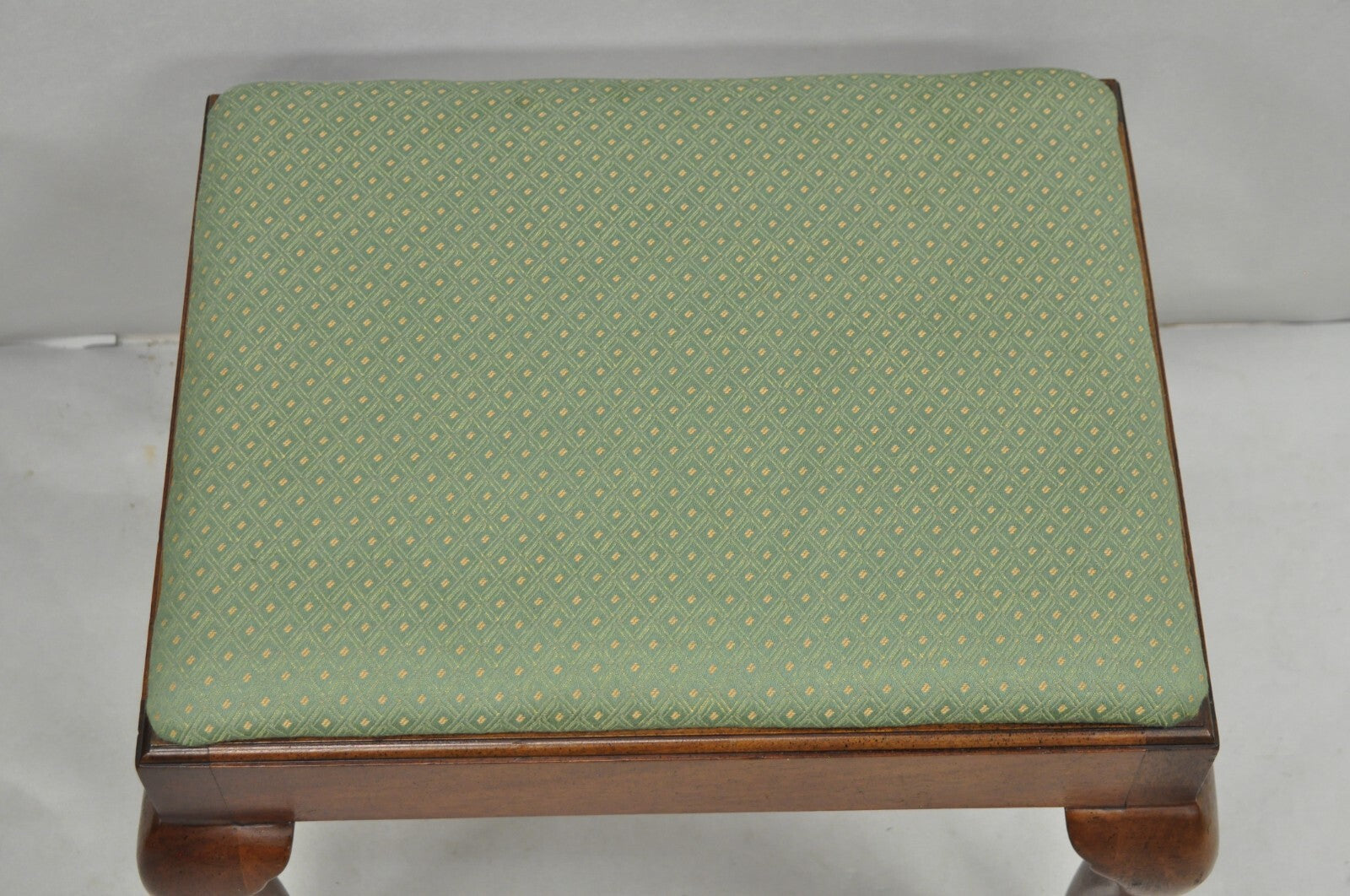 Vintage Queen Anne Style Mahogany Wood Green Upholstered Footstool Ottoman