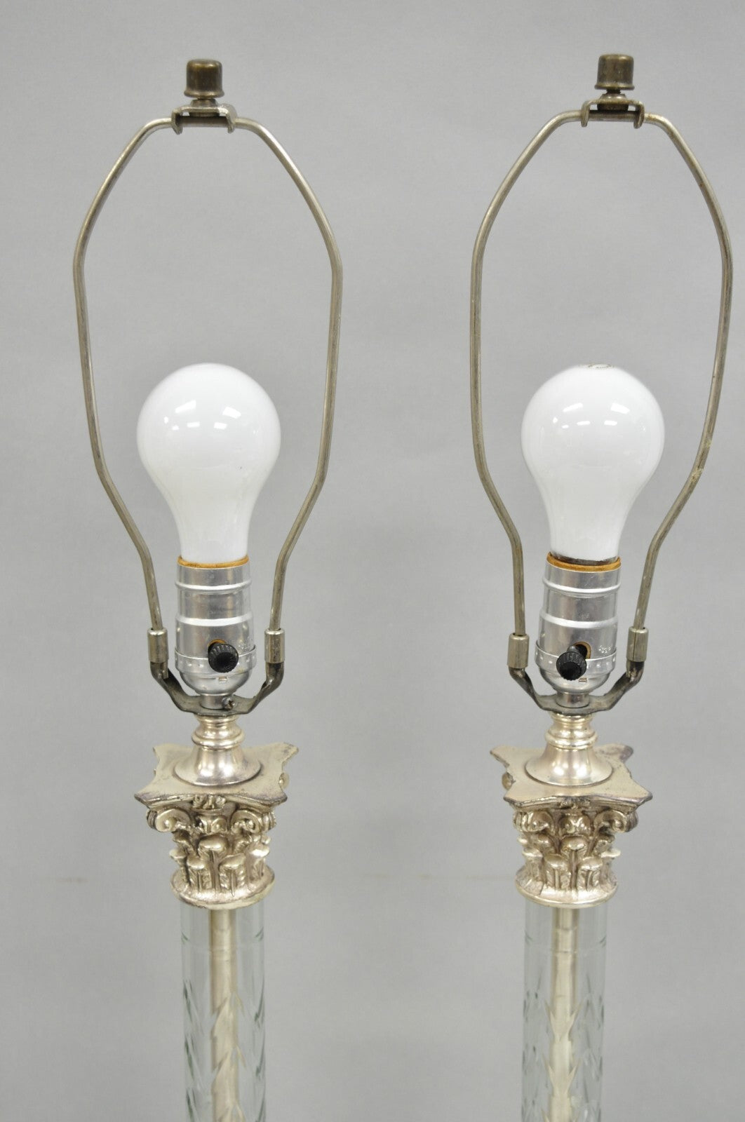 Antique French Empire Nickel Silver Glass Corinthian Column Table Lamps - a Pair