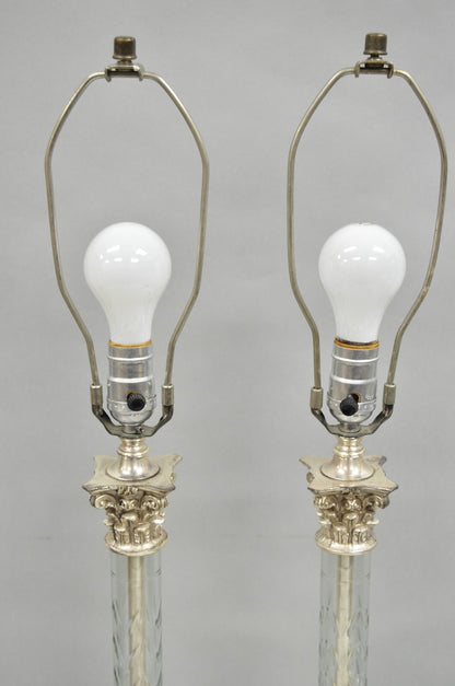 Antique French Empire Nickel Silver Glass Corinthian Column Table Lamps - a Pair