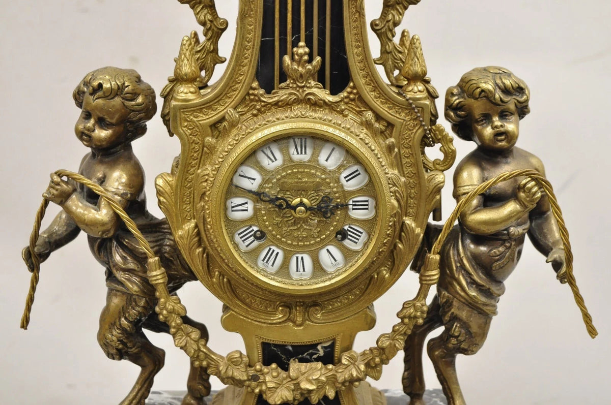 Vintage French Louis XV Style Brevettato Italy Brass & Marble Figural Clock Set