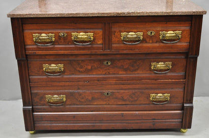 Antique Eastlake Victorian Burl Walnut Marble Top Washstand Dresser w/ Mirror