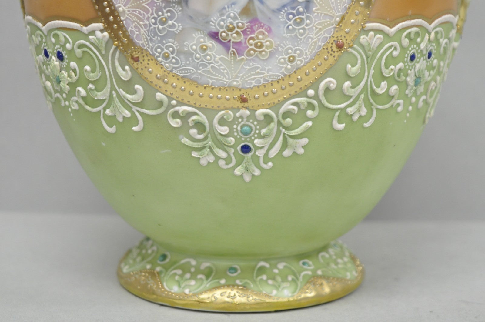 Antique Nippon Hand Painted Porcelain Green Moriage Twin Handle Portrait Vase