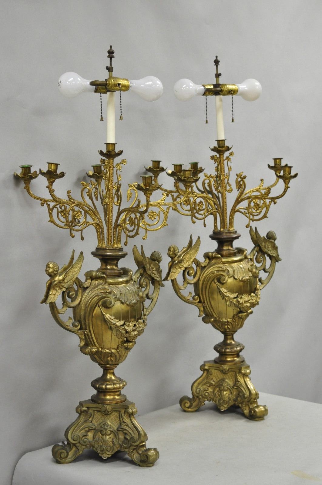 Large Antique French Rococo Louis XV Figural Cherub Bronze Candelabra Lamps Pair