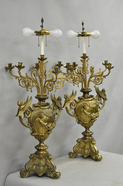 Large Antique French Rococo Louis XV Figural Cherub Bronze Candelabra Lamps Pair